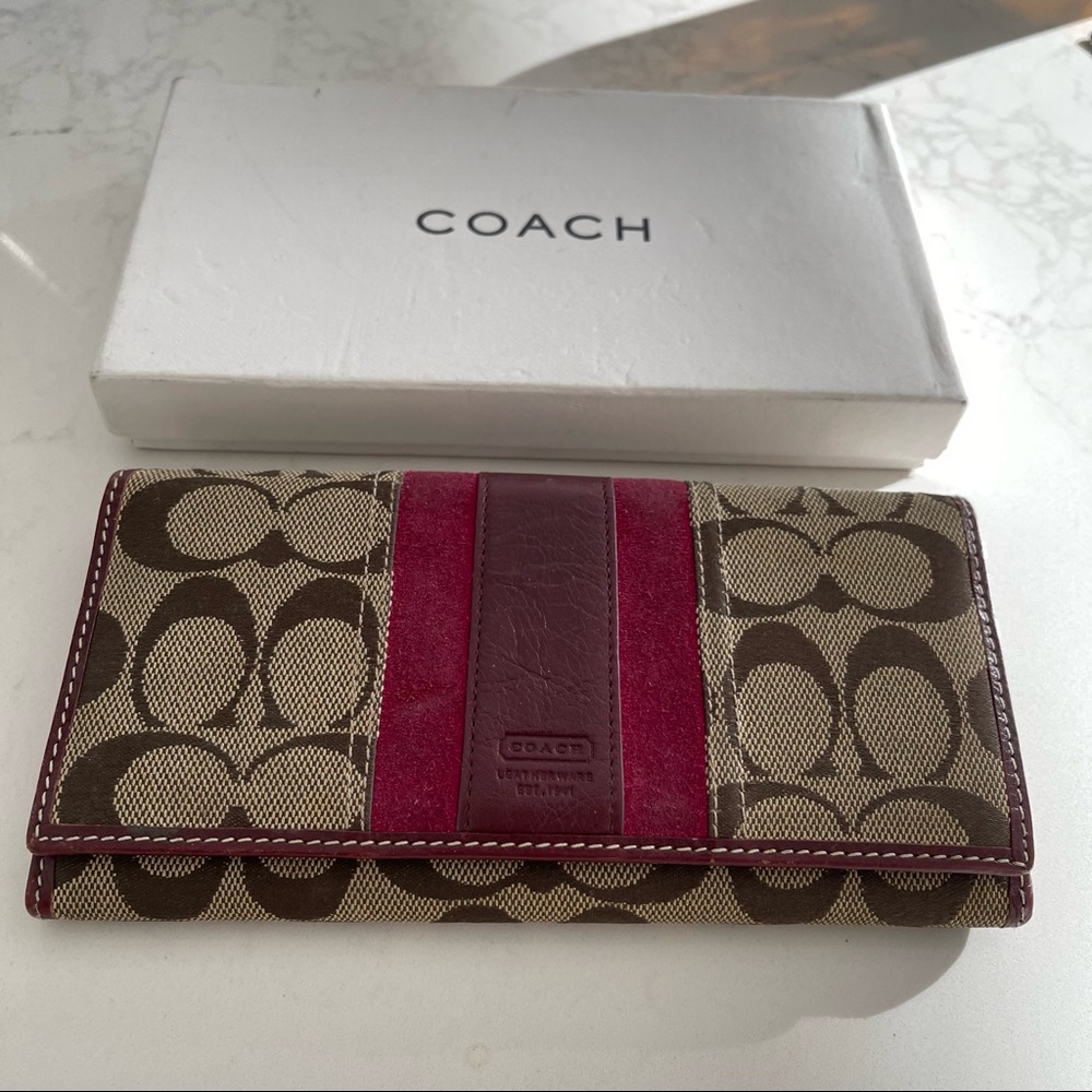 Coach Wallet. Suede, Leather and Signature Canvas. Gently used. Beautiful Maroon